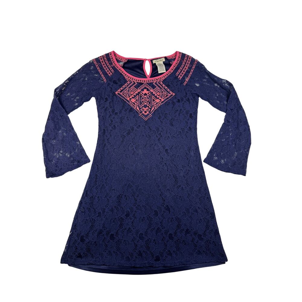 Flying Tomato Women’s Small Navy Lace Dress Coral Embroidery Bell Sleeve Boho